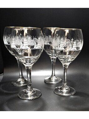 4 Lynns China Pines Glasses 10oz Winter Scene white trees gold rim, rounded